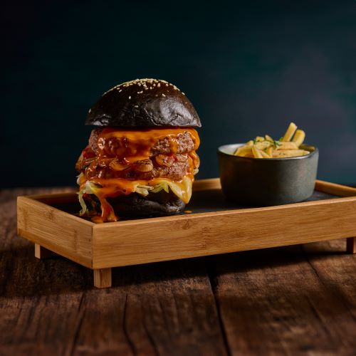 Beef Burger Served With French Fries